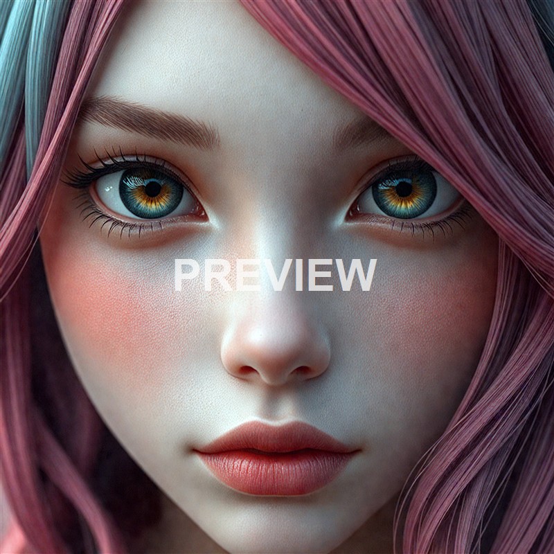 A highly detailed, close-up digital artwork of a young woman with vibrant pink and teal hair, striking blue eyes, smooth skin, and subtle makeup.